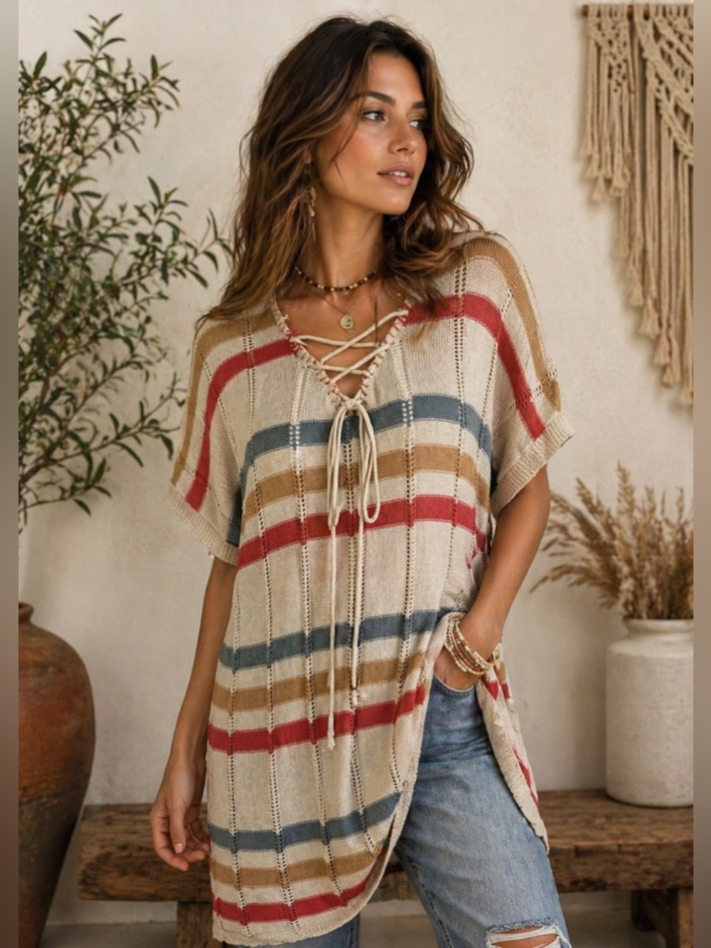 ✨🌿 Easel Boho Lace-Up Striped Tunic – Effortless Free Spirit Style